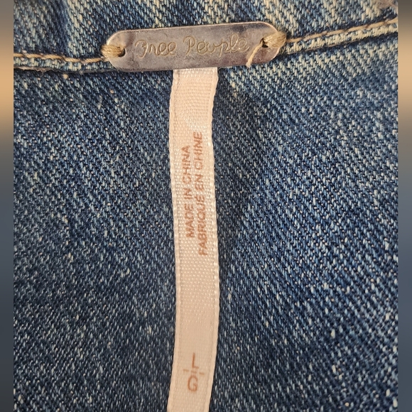 Free People Blue Denim Jacket with Gray Sleeves And Hoodie Sz L - Picture 6 of 7